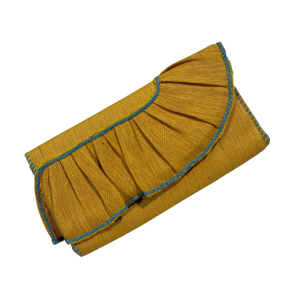 Mud Pie Yellow Raffia Ruffle Envelope Clutch Blue Trim Boho Summer Coastal Beach